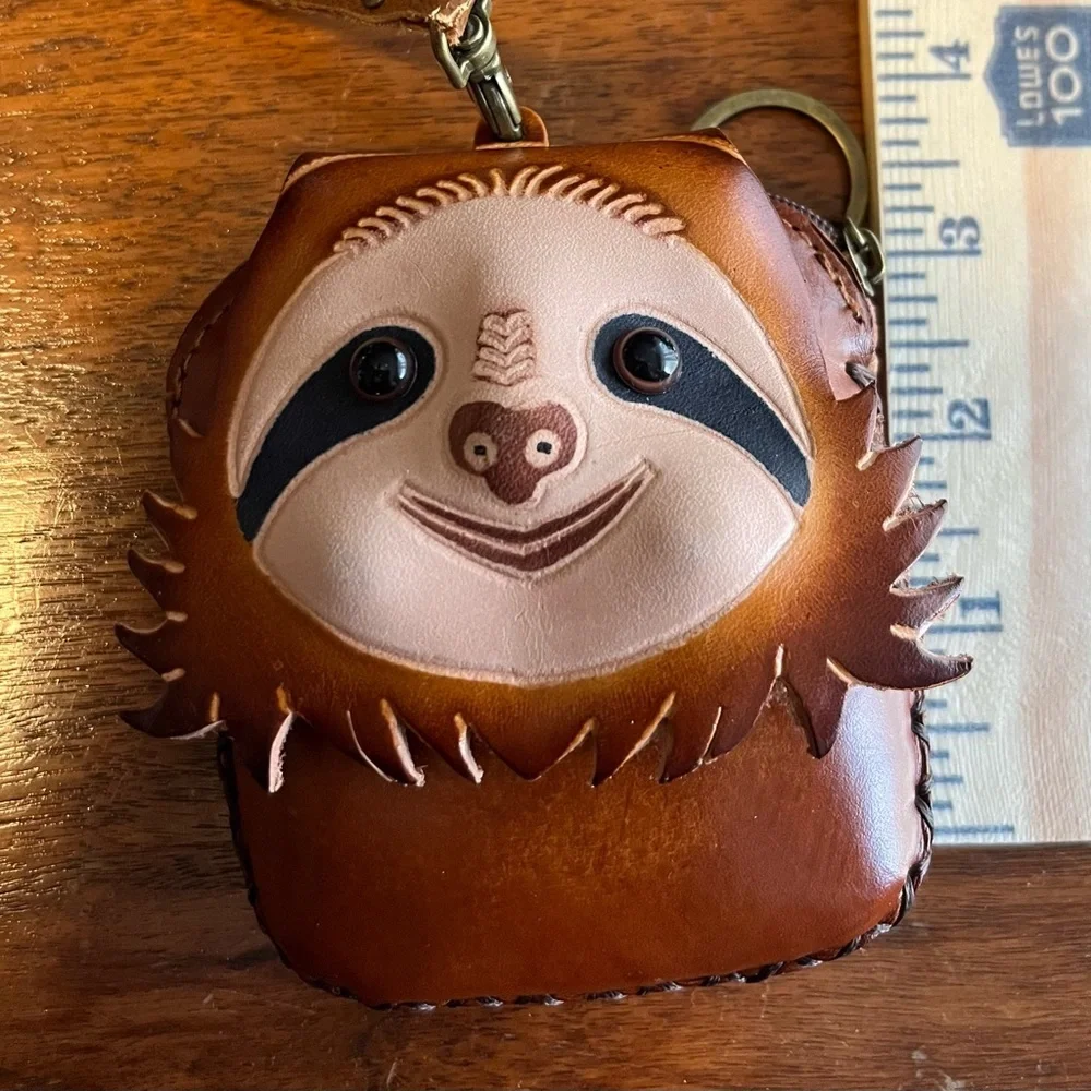 🦥 Genuine Leather Sloth Coin Purse | Brown Wristlet & Keychain